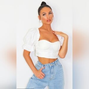 PrettyLittleThing White Woven Cotton Puff Sleeve Crop Top - Size US 2